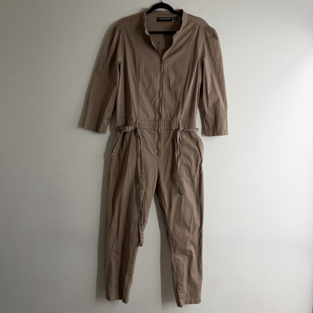 Gabrielle Union boiler suit safari utility jumpsuit tan belted women's Large